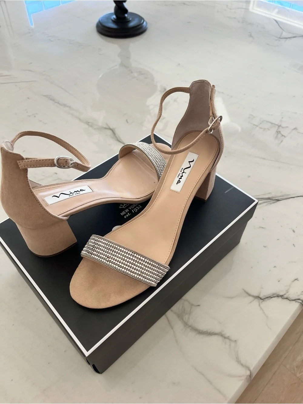Nina Nude Rhinestone Strap Block Heel Sandals